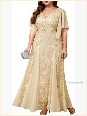 Plus Size Formal Dress Sequin Embroidery V-Neck A Line Floor Length Evening Gown